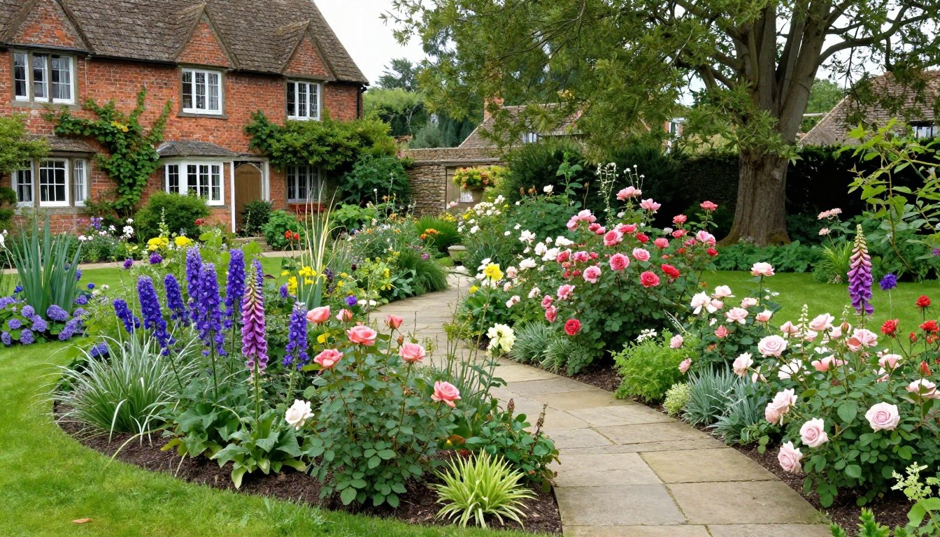 Beautiful English garden with colorful flower borders, stone pathways, and lush greenery
