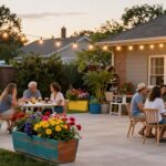 Beautiful backyard transformation with cheap landscaping ideas showing string lights and colorful garden