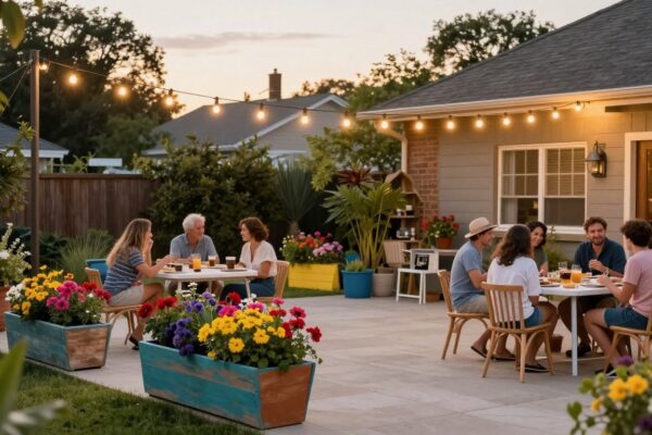 Beautiful backyard transformation with cheap landscaping ideas showing string lights and colorful garden