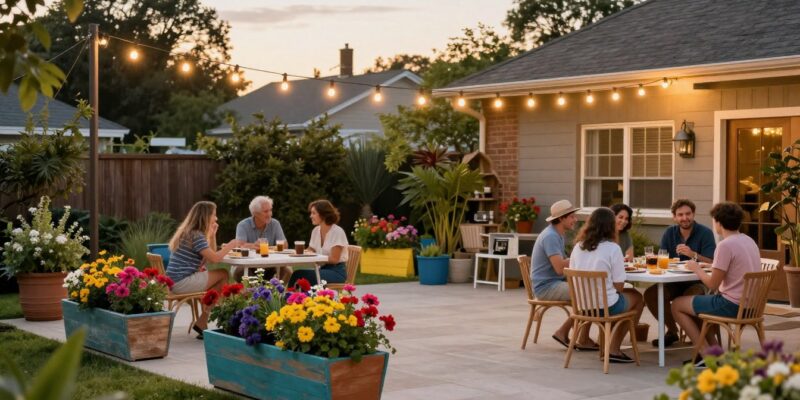 Beautiful backyard transformation with cheap landscaping ideas showing string lights and colorful garden