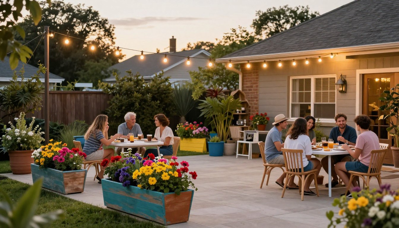 Beautiful backyard transformation with cheap landscaping ideas showing string lights and colorful garden