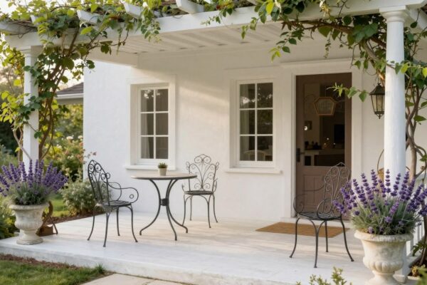 French style porch with climbing vines and bistro furniture