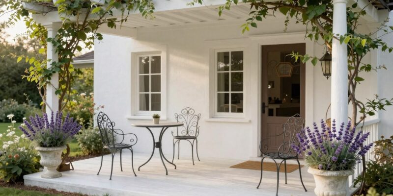 French style porch with climbing vines and bistro furniture