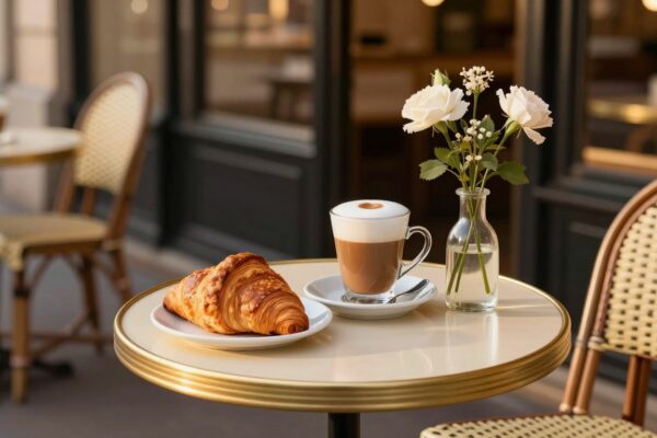 French simple life style secrets to happiness depicted through a peaceful Parisian cafe scene