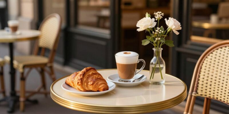 French simple life style secrets to happiness depicted through a peaceful Parisian cafe scene