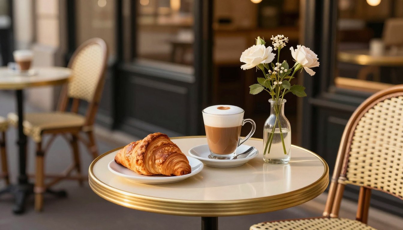 Healthy Habits French simple life style secrets to happiness depicted through a peaceful Parisian cafe scene