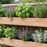 beautiful vertical wall herb planting design with multiple planters mounted on wooden fence featuring basil, rosemary, and thyme