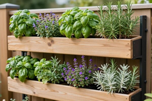 beautiful vertical wall herb planting design with multiple planters mounted on wooden fence featuring basil, rosemary, and thyme