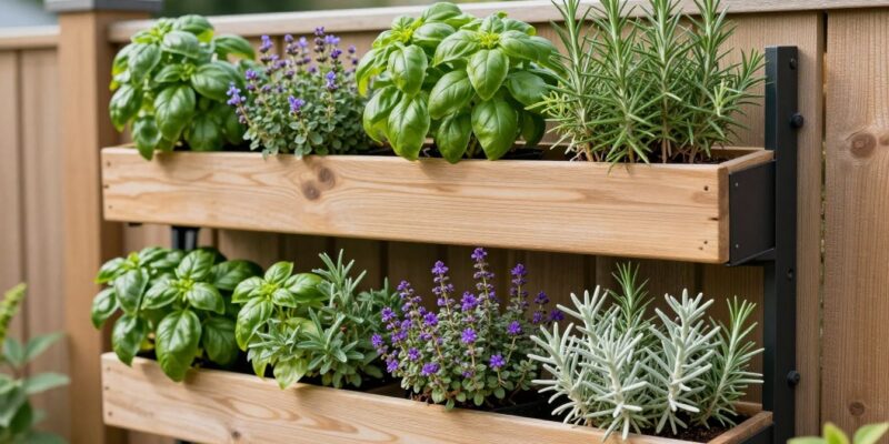 beautiful vertical wall herb planting design with multiple planters mounted on wooden fence featuring basil, rosemary, and thyme