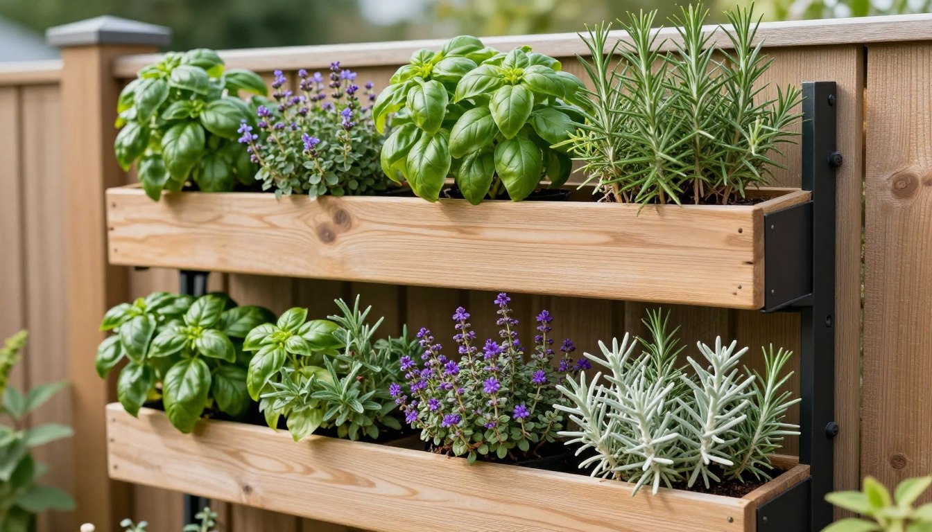 beautiful vertical wall herb planting design with multiple planters mounted on wooden fence featuring basil, rosemary, and thyme