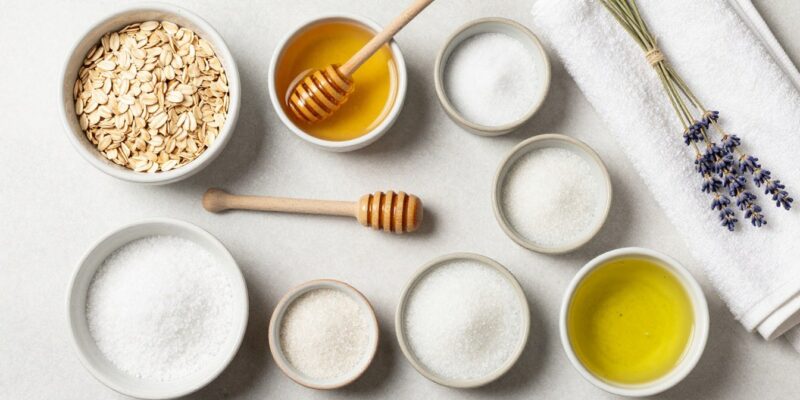 DIY beauty recipes using natural ingredients arranged beside a bowl and towel