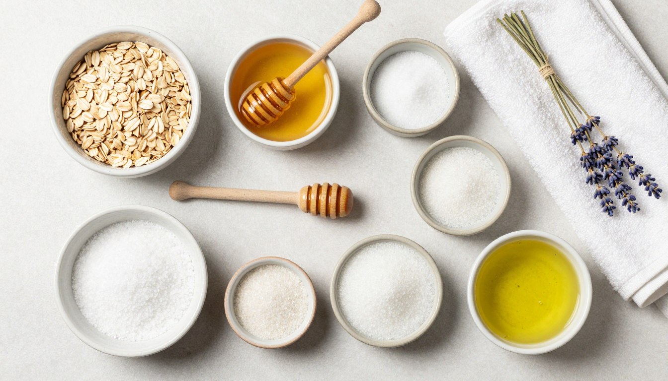 DIY beauty recipes using natural ingredients arranged beside a bowl and towel