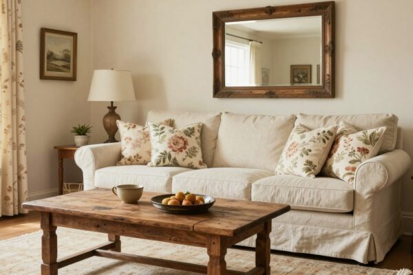 French country living room ideas with linen sofa and vintage table