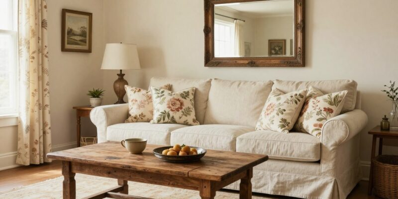 French country living room ideas with linen sofa and vintage table