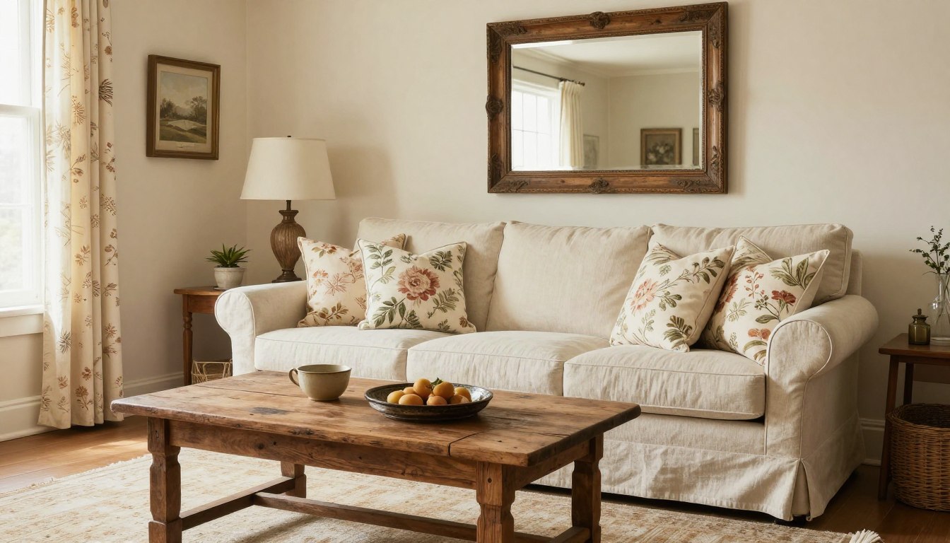 French country living room ideas with linen sofa and vintage table