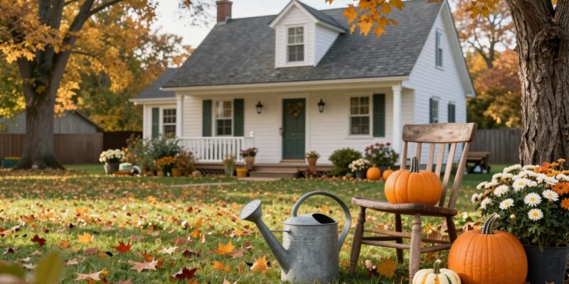 antique yard fall decor ideas with pumpkins and vintage garden pieces