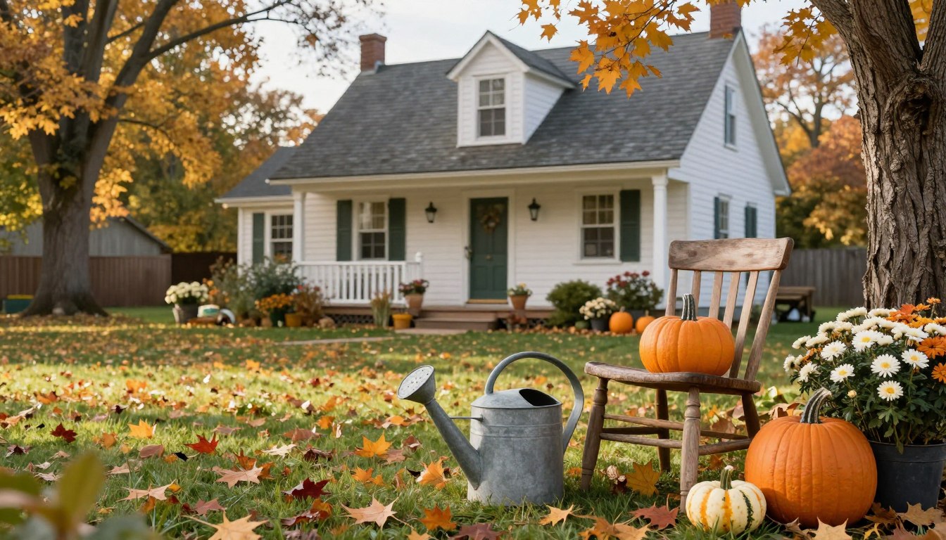 antique yard fall decor ideas with pumpkins and vintage garden pieces