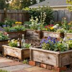 backyard garden with recycled material and rustic planters