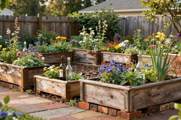 backyard garden with recycled material and rustic planters