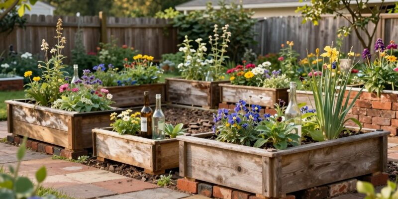 backyard garden with recycled material and rustic planters