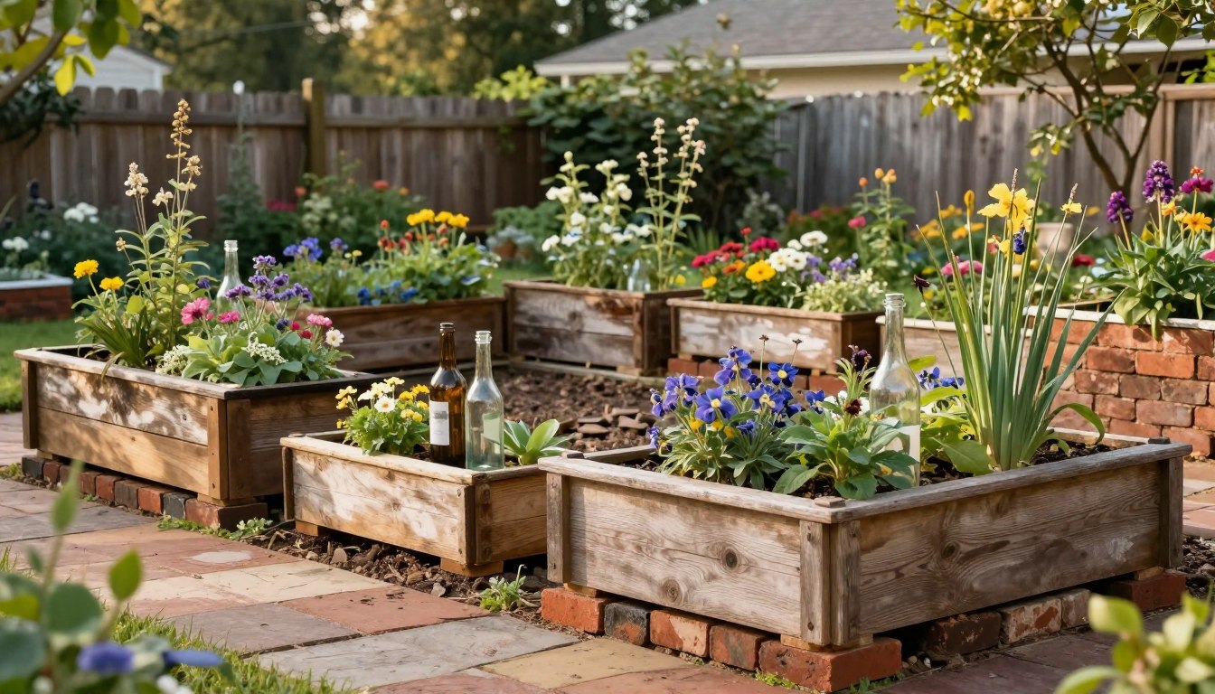 backyard garden with recycled material and rustic planters